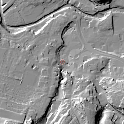 Shaded relief map of the ground around CW121AS, computed from Environment Agency LiDAR. The ground here sits at about 84 m above sea level and falls 44 m across the surrounding 800 m. Surface water reaching this point runs off ground lying to the south-south-east, 32.4 m higher.