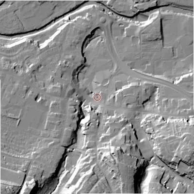 Shaded relief map of the ground around CW121AU, computed from Environment Agency LiDAR. The ground here sits at about 85 m above sea level and falls 43 m across the surrounding 800 m. Surface water reaching this point runs off ground lying to the south-south-east, 30.3 m higher.