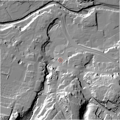 Shaded relief map of the ground around CW121AX, computed from Environment Agency LiDAR. The ground here sits at about 86 m above sea level and falls 42 m across the surrounding 800 m. Surface water reaching this point runs off ground lying to the south, 14.6 m higher.