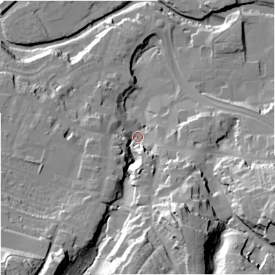 Shaded relief map of the ground around CW121AY, computed from Environment Agency LiDAR. The ground here sits at about 84 m above sea level and falls 45 m across the surrounding 800 m. Surface water reaching this point runs off ground lying to the south-south-east, 32.4 m higher.