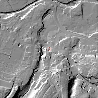 Shaded relief map of the ground around CW121BA, computed from Environment Agency LiDAR. The ground here sits at about 86 m above sea level and falls 44 m across the surrounding 800 m. Surface water reaching this point runs off ground lying to the south, 30.4 m higher.