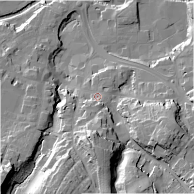Shaded relief map of the ground around CW121BD, computed from Environment Agency LiDAR. The ground here sits at about 91 m above sea level and falls 41 m across the surrounding 800 m. Surface water reaching this point runs off ground lying to the south-south-west, 9.9 m higher.