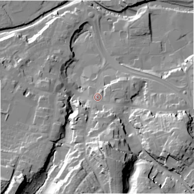 Shaded relief map of the ground around CW121BG, computed from Environment Agency LiDAR. The ground here sits at about 88 m above sea level and falls 41 m across the surrounding 800 m. Surface water reaching this point runs off ground lying to the south, 12.9 m higher.