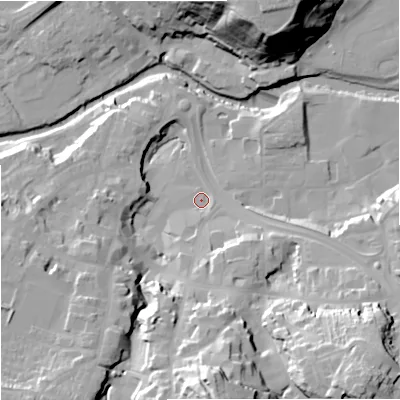 Shaded relief map of the ground around CW121BP, computed from Environment Agency LiDAR. The ground here sits at about 81 m above sea level and falls 41 m across the surrounding 800 m. Surface water reaching this point runs off ground lying to the south, 8.1 m higher.