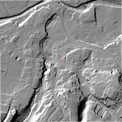 Shaded relief map of the ground around CW121BQ, computed from Environment Agency LiDAR. The ground here sits at about 88 m above sea level and falls 41 m across the surrounding 800 m. Surface water reaching this point runs off ground lying to the south, 27.3 m higher.