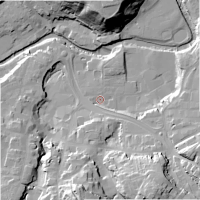 Shaded relief map of the ground around CW121DA, computed from Environment Agency LiDAR. The ground here sits at about 81 m above sea level and falls 40 m across the surrounding 800 m. Surface water reaching this point runs off ground lying to the south, 33.4 m higher.