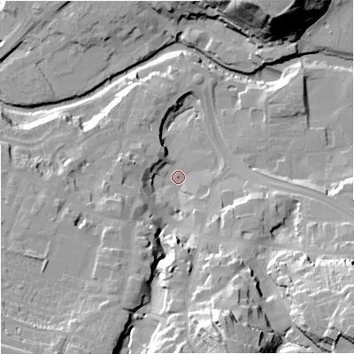 Shaded relief map of the ground around CW121DB, computed from Environment Agency LiDAR. The ground here sits at about 81 m above sea level and falls 41 m across the surrounding 800 m. Surface water reaching this point runs off ground lying to the south-south-east, 33.6 m higher.