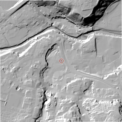 Shaded relief map of the ground around CW121DE, computed from Environment Agency LiDAR. The ground here sits at about 80 m above sea level and falls 41 m across the surrounding 800 m. Surface water reaching this point runs off ground lying to the south, 8.7 m higher.