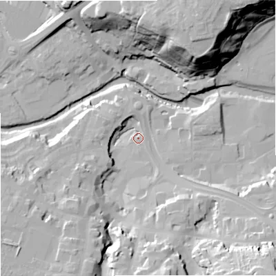 Shaded relief map of the ground around CW121DF, computed from Environment Agency LiDAR. The ground here sits at about 79 m above sea level and falls 41 m across the surrounding 800 m. Surface water reaching this point runs off ground lying to the south-east, 30.7 m higher.