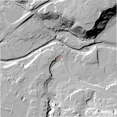 Shaded relief map of the ground around CW121DJ, computed from Environment Agency LiDAR. The ground here sits at about 79 m above sea level and falls 42 m across the surrounding 800 m. Surface water reaching this point runs off ground lying to the south, 20.6 m higher.