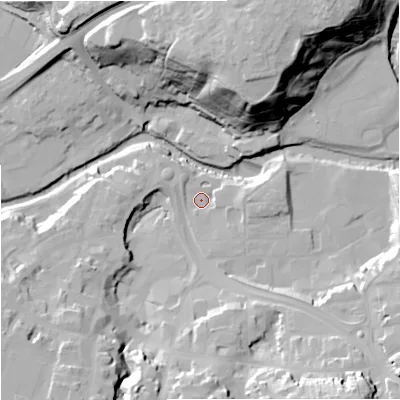 Shaded relief map of the ground around CW121DL, computed from Environment Agency LiDAR. The ground here sits at about 79 m above sea level and falls 42 m across the surrounding 800 m. Surface water reaching this point runs off ground lying to the south-east, 27.4 m higher.