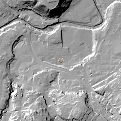 Shaded relief map of the ground around CW121DT, computed from Environment Agency LiDAR. The ground here sits at about 81 m above sea level and falls 40 m across the surrounding 800 m. Surface water reaching this point runs off ground lying to the south-south-east, 7.2 m higher.