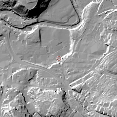 Shaded relief map of the ground around CW121EE, computed from Environment Agency LiDAR. The ground here sits at about 82 m above sea level and falls 48 m across the surrounding 800 m. Surface water reaching this point runs off ground lying to the south-south-east, 7.6 m higher.