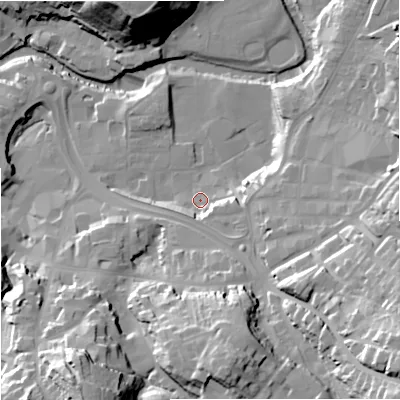 Shaded relief map of the ground around CW121EH, computed from Environment Agency LiDAR. The ground here sits at about 82 m above sea level and falls 46 m across the surrounding 800 m. Surface water reaching this point runs off ground lying to the south-east, 38.1 m higher.