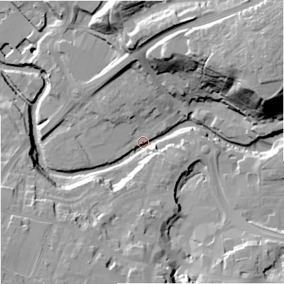Shaded relief map of the ground around CW121EQ, computed from Environment Agency LiDAR. The ground here sits at about 77 m above sea level and falls 46 m across the surrounding 800 m. Surface water reaching this point runs off ground lying to the north-east, 40.6 m higher.