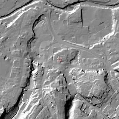 Shaded relief map of the ground around CW121ET, computed from Environment Agency LiDAR. The ground here sits at about 89 m above sea level and falls 40 m across the surrounding 800 m. Surface water reaching this point runs off ground lying to the south, 3.5 m higher.