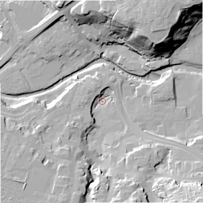Shaded relief map of the ground around CW121FR, computed from Environment Agency LiDAR. The ground here sits at about 77 m above sea level and falls 42 m across the surrounding 800 m. Surface water reaching this point runs off ground lying to the south, 22.3 m higher.