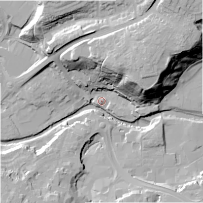 Shaded relief map of the ground around CW121FS, computed from Environment Agency LiDAR. The ground here sits at about 79 m above sea level and falls 43 m across the surrounding 800 m. Surface water reaching this point runs off ground lying to the south-south-west, 1.9 m higher.