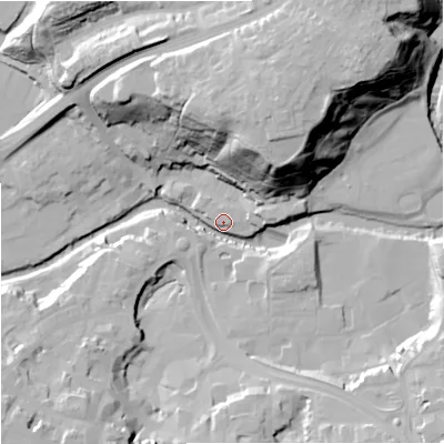 Shaded relief map of the ground around CW121GD, computed from Environment Agency LiDAR. The ground here sits at about 79 m above sea level and falls 42 m across the surrounding 800 m. Surface water reaching this point runs off ground lying to the north-east, 41.1 m higher.