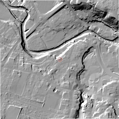 Shaded relief map of the ground around CW121HF, computed from Environment Agency LiDAR. The ground here sits at about 87 m above sea level and falls 46 m across the surrounding 800 m. Surface water reaching this point runs off ground lying to the south-south-west, 2.0 m higher.