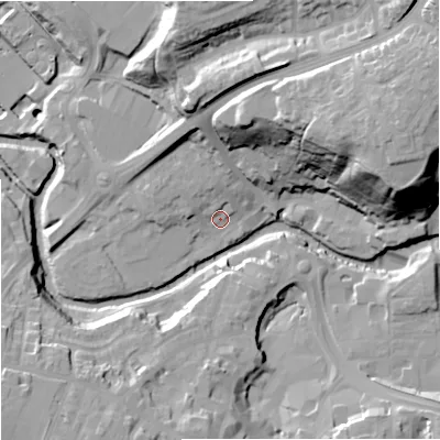 Shaded relief map of the ground around CW121HL, computed from Environment Agency LiDAR. The ground here sits at about 78 m above sea level and falls 47 m across the surrounding 800 m. Surface water reaching this point runs off ground lying to the north-east, 37.6 m higher.