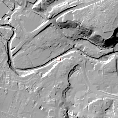 Shaded relief map of the ground around CW121HN, computed from Environment Agency LiDAR. The ground here sits at about 79 m above sea level and falls 47 m across the surrounding 800 m. Surface water reaching this point runs off ground lying to the north-east, 40.5 m higher.