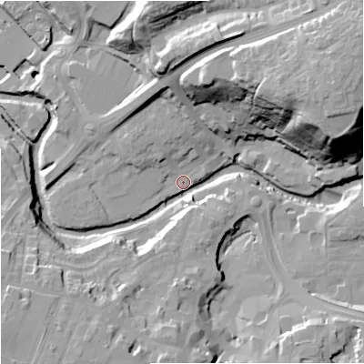 Shaded relief map of the ground around CW121HR, computed from Environment Agency LiDAR. The ground here sits at about 77 m above sea level and falls 47 m across the surrounding 800 m. Surface water reaching this point runs off ground lying to the east-north-east, 40.5 m higher.