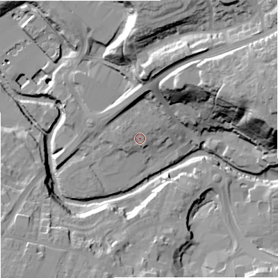 Shaded relief map of the ground around CW121HS, computed from Environment Agency LiDAR. The ground here sits at about 81 m above sea level and falls 46 m across the surrounding 800 m. Surface water reaching this point runs off ground lying to the north-north-east, 19.6 m higher.