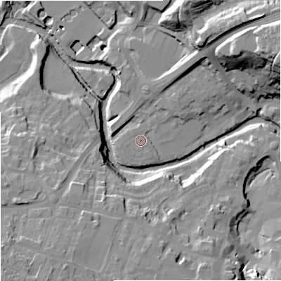 Shaded relief map of the ground around CW121HT, computed from Environment Agency LiDAR. The ground here sits at about 78 m above sea level and falls 41 m across the surrounding 800 m. Surface water reaching this point runs off ground lying to the north-east, 3.8 m higher.