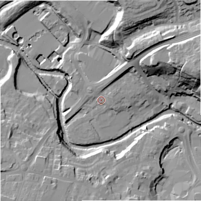 Shaded relief map of the ground around CW121HU, computed from Environment Agency LiDAR. The ground here sits at about 80 m above sea level and falls 44 m across the surrounding 800 m. Surface water reaching this point runs off ground lying to the north-north-east, 6.9 m higher.