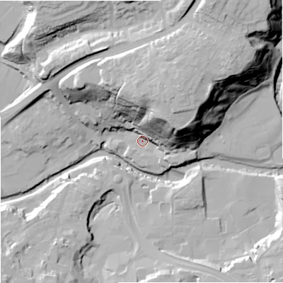 Shaded relief map of the ground around CW121JG, computed from Environment Agency LiDAR. The ground here sits at about 79 m above sea level and falls 43 m across the surrounding 800 m. Surface water reaching this point runs off ground lying to the north-east, 36.6 m higher.
