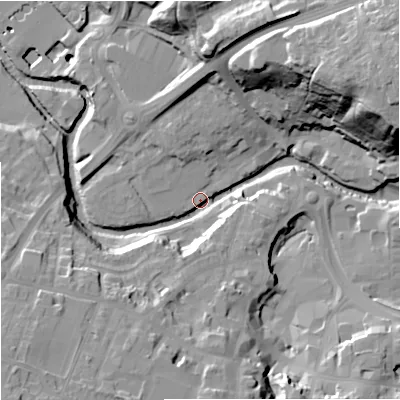 Shaded relief map of the ground around CW121JJ, computed from Environment Agency LiDAR. The ground here sits at about 78 m above sea level and falls 46 m across the surrounding 800 m. Surface water reaching this point runs off ground lying to the north-east, 40.8 m higher.