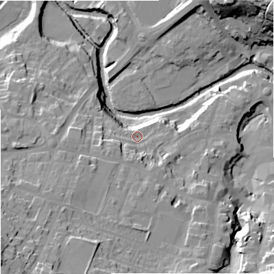Shaded relief map of the ground around CW121JZ, computed from Environment Agency LiDAR. The ground here sits at about 86 m above sea level and falls 38 m across the surrounding 800 m. Surface water reaching this point runs off ground lying to the west-south-west, 7.2 m higher.