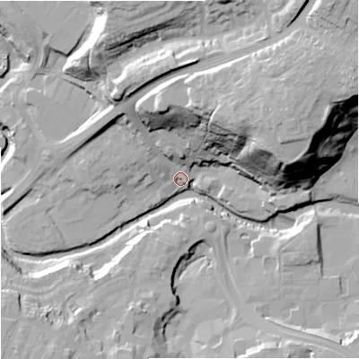 Shaded relief map of the ground around CW121LG, computed from Environment Agency LiDAR. The ground here sits at about 78 m above sea level and falls 44 m across the surrounding 800 m. Surface water reaching this point runs off ground lying to the north-east, 37.1 m higher.