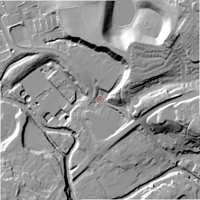 Shaded relief map of the ground around CW121LJ, computed from Environment Agency LiDAR. The ground here sits at about 82 m above sea level and falls 53 m across the surrounding 800 m. Surface water reaching this point runs off ground lying to the north-east, 26.1 m higher.