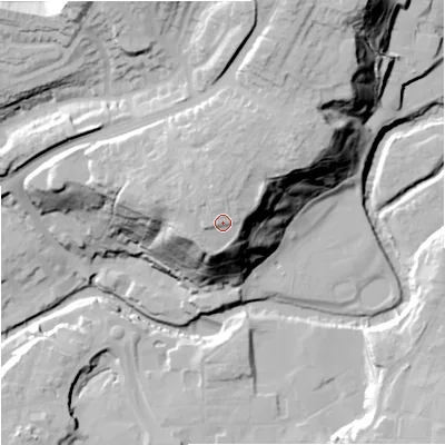 Shaded relief map of the ground around CW121NG, computed from Environment Agency LiDAR. The ground here sits at about 114 m above sea level and falls 44 m across the surrounding 800 m. Surface water reaching this point runs off ground lying to the north, 2.8 m higher.