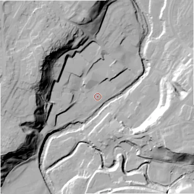 Shaded relief map of the ground around CW121PL, computed from Environment Agency LiDAR. The ground here sits at about 83 m above sea level and falls 40 m across the surrounding 800 m. Surface water reaching this point runs off ground lying to the west-north-west, 34.7 m higher.