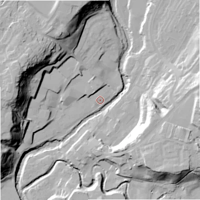 Shaded relief map of the ground around CW121PN, computed from Environment Agency LiDAR. The ground here sits at about 84 m above sea level and falls 40 m across the surrounding 800 m. Surface water reaching this point runs off ground lying to the north-north-west, 5.4 m higher.