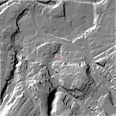 Shaded relief map of the ground around CW121RP, computed from Environment Agency LiDAR. The ground here sits at about 88 m above sea level and falls 41 m across the surrounding 800 m. Surface water reaching this point runs off ground lying to the south, 30.0 m higher.