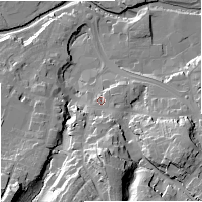 Shaded relief map of the ground around CW121WB, computed from Environment Agency LiDAR. The ground here sits at about 88 m above sea level and falls 40 m across the surrounding 800 m. Surface water reaching this point runs off ground lying to the south-east, 6.1 m higher.