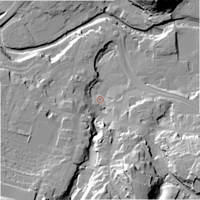 Shaded relief map of the ground around CW121XD, computed from Environment Agency LiDAR. The ground here sits at about 82 m above sea level and falls 40 m across the surrounding 800 m. Surface water reaching this point runs off ground lying to the south-south-east, 32.9 m higher.