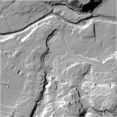 Shaded relief map of the ground around CW121YJ, computed from Environment Agency LiDAR. The ground here sits at about 82 m above sea level and falls 40 m across the surrounding 800 m. Surface water reaching this point runs off ground lying to the south-south-east, 3.7 m higher.