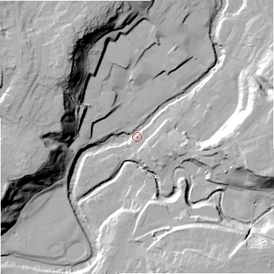 Shaded relief map of the ground around CW122AD, computed from Environment Agency LiDAR. The ground here sits at about 82 m above sea level and falls 40 m across the surrounding 800 m. Surface water reaching this point runs off ground lying to the east, 25.9 m higher.