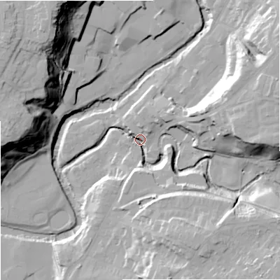 Shaded relief map of the ground around CW122AE, computed from Environment Agency LiDAR. The ground here sits at about 84 m above sea level and falls 40 m across the surrounding 800 m. Surface water reaching this point runs off ground lying to the east-north-east, 27.7 m higher.