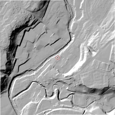 Shaded relief map of the ground around CW122AH, computed from Environment Agency LiDAR. The ground here sits at about 84 m above sea level and falls 40 m across the surrounding 800 m. Surface water reaching this point runs off ground lying to the east, 30.2 m higher.