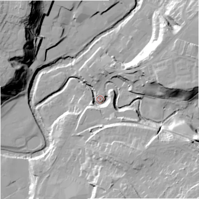 Shaded relief map of the ground around CW122DN, computed from Environment Agency LiDAR. The ground here sits at about 83 m above sea level and falls 40 m across the surrounding 800 m. Surface water reaching this point runs off ground lying to the east-north-east, 27.3 m higher.