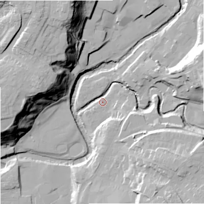 Shaded relief map of the ground around CW122FP, computed from Environment Agency LiDAR. The ground here sits at about 82 m above sea level and falls 43 m across the surrounding 800 m. Surface water reaching this point runs off ground lying to the east-north-east, 27.0 m higher.