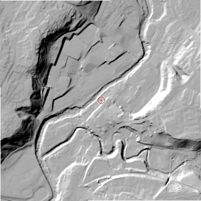 Shaded relief map of the ground around CW122FX, computed from Environment Agency LiDAR. The ground here sits at about 83 m above sea level and falls 40 m across the surrounding 800 m. Surface water reaching this point runs off ground lying to the north, 29.1 m higher.