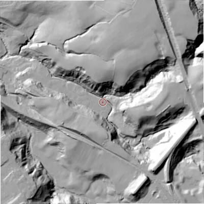 Shaded relief map of the ground around CW122HA, computed from Environment Agency LiDAR. The ground here sits at about 99 m above sea level and falls 44 m across the surrounding 800 m. Surface water reaching this point runs off ground lying to the east-south-east, 33.5 m higher.