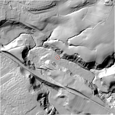 Shaded relief map of the ground around CW122HF, computed from Environment Agency LiDAR. The ground here sits at about 98 m above sea level and falls 46 m across the surrounding 800 m. Surface water reaching this point runs off ground lying to the east-north-east, 34.0 m higher.